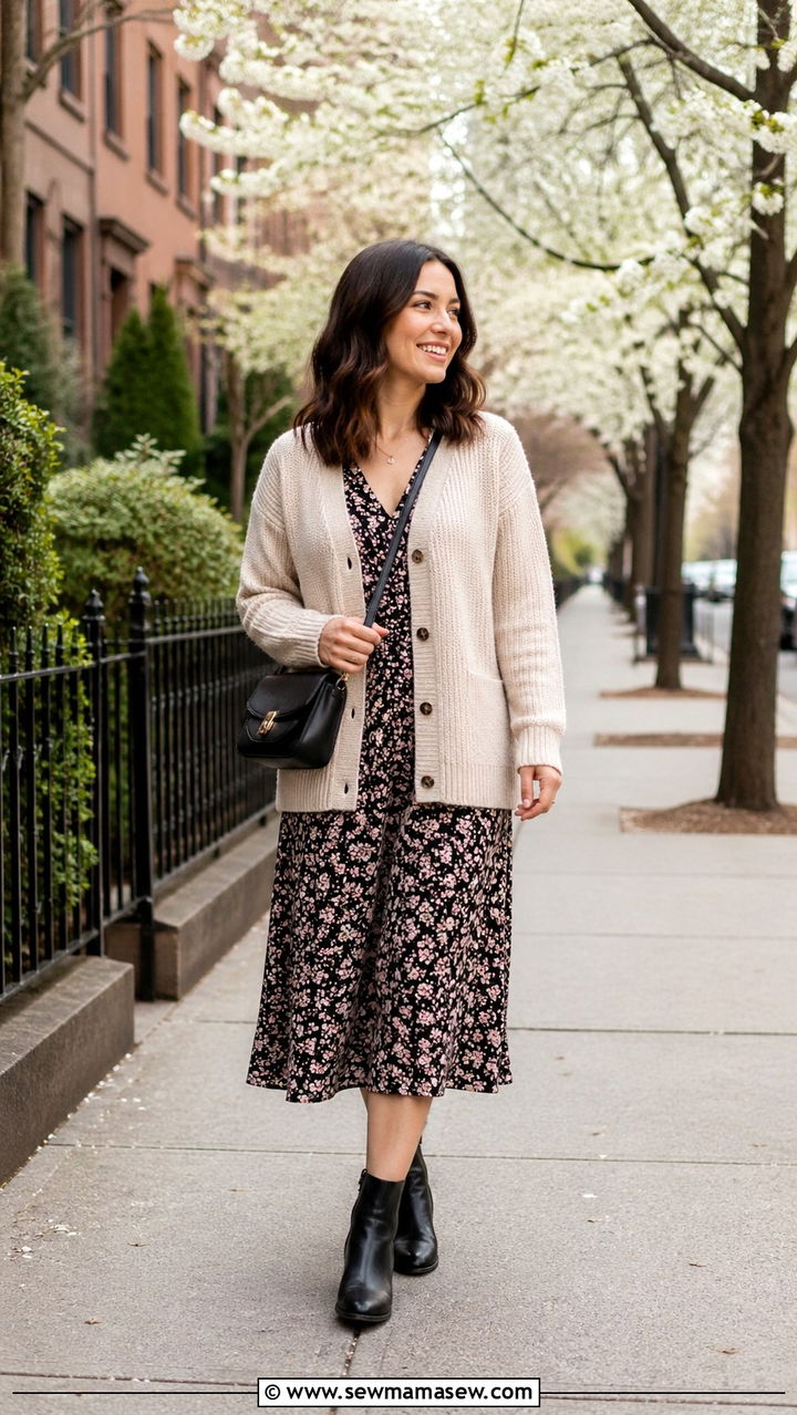 Cardigan With Ankle Boots And Dress - 30 spring cardigan outfit ideas
