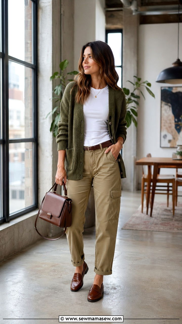 Cardigan With Cargo Pants And Loafers - 30 spring cardigan outfit ideas