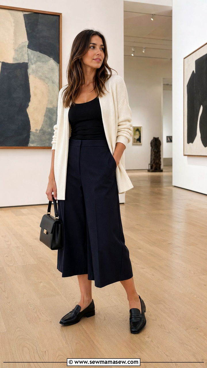 Cardigan With Culottes And Loafers - 30 spring cardigan outfit ideas