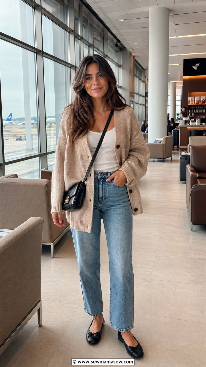 Cardigan With Jeans And Ballet Flats - 35 classy airport outfits