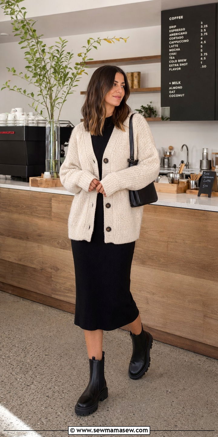 Cardigan With Midi Dress And Lug Sole Boots - 30 Windy day outfit ideas
