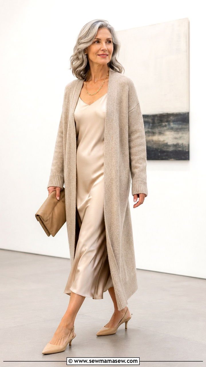 Cardigan With Midi Slip Dress Spring Outfit Over 50 - 30 Spring capsule wardrobe over 50