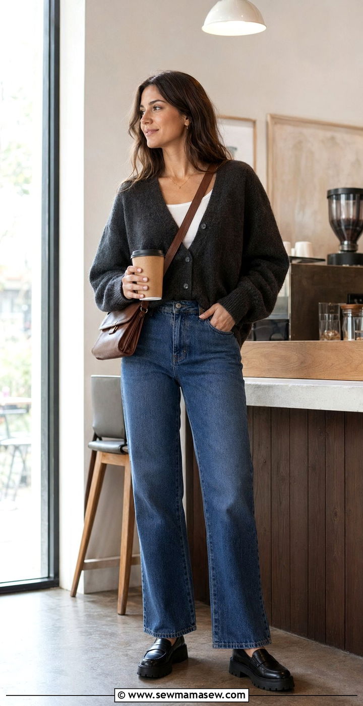 Cardigan With Tank Top And High Waisted Jeans - 30 Windy day outfit ideas