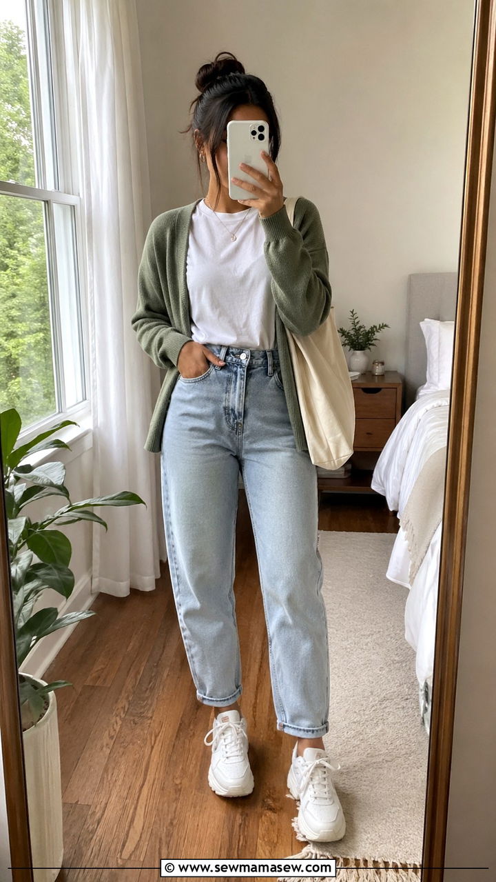 Cardigan With White Tee And Mom Jeans - 30 spring cardigan outfit ideas