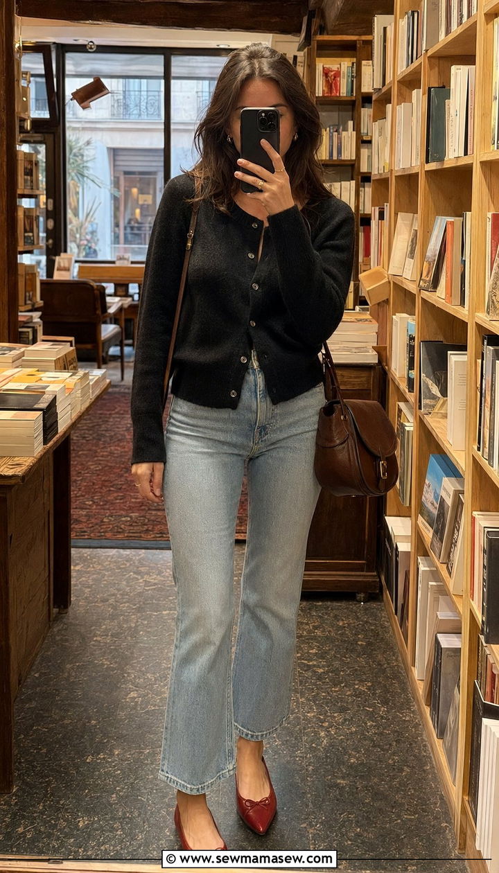 Cardigan and Cropped Flare Jeans - 35 Parisian travel outfits