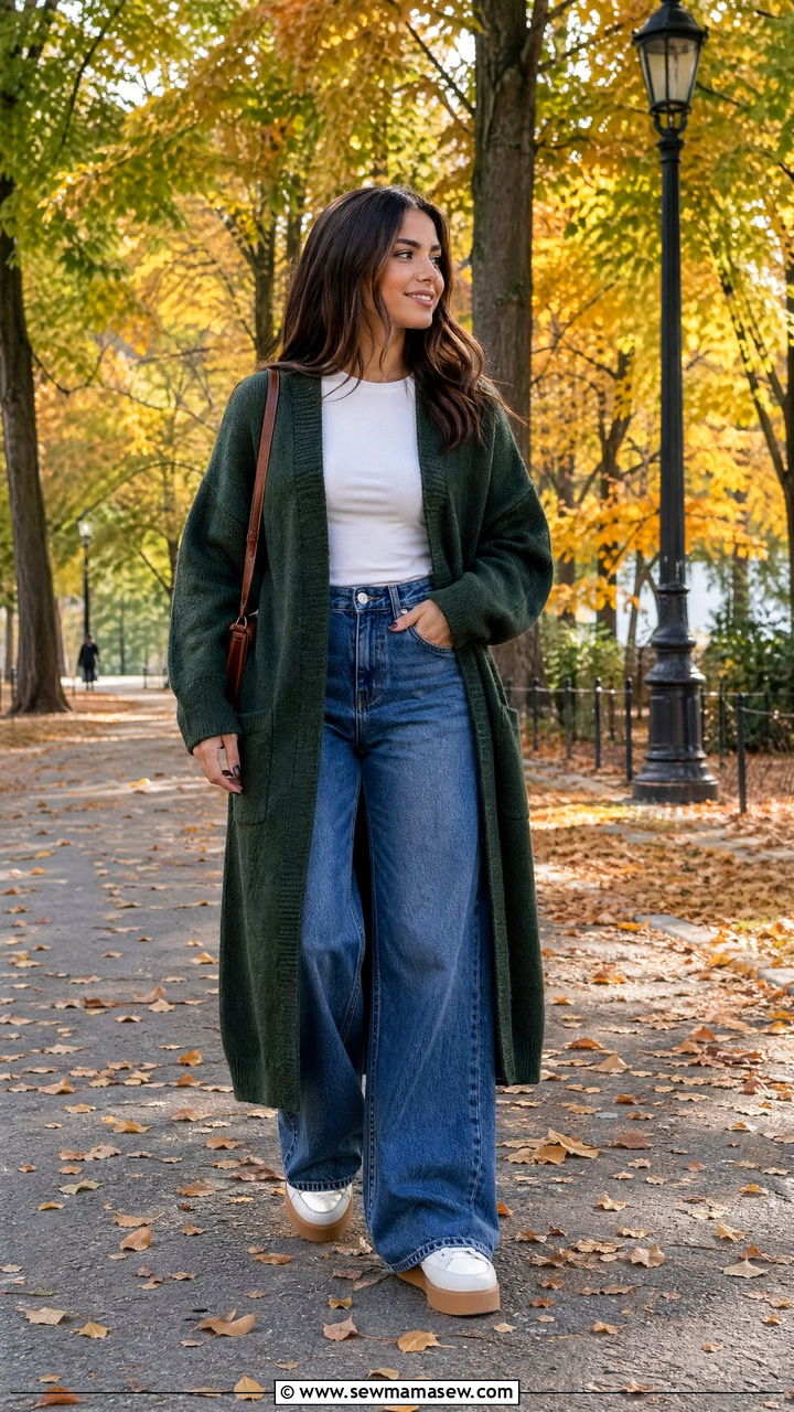 Cardigan and Wide Leg Jeans - 35 Walking outfit ideas women