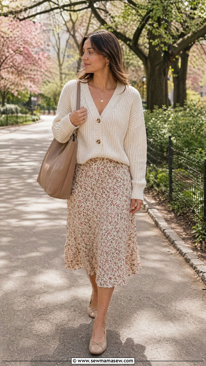 Cardigan and floral midi skirt outfit - 35 spring comfy outfit ideas