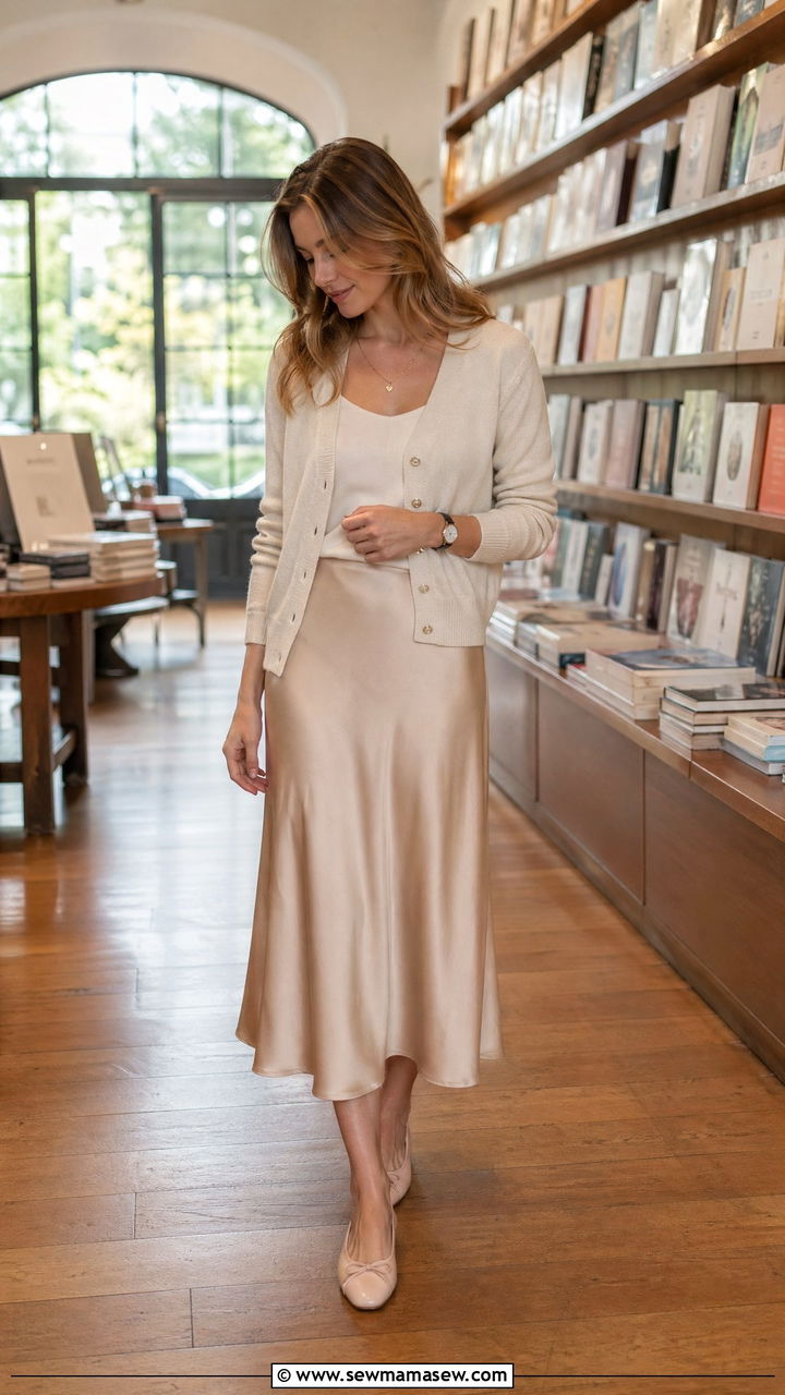 Cardigan and satin midi skirt outfit - 35 classy outfits 2026