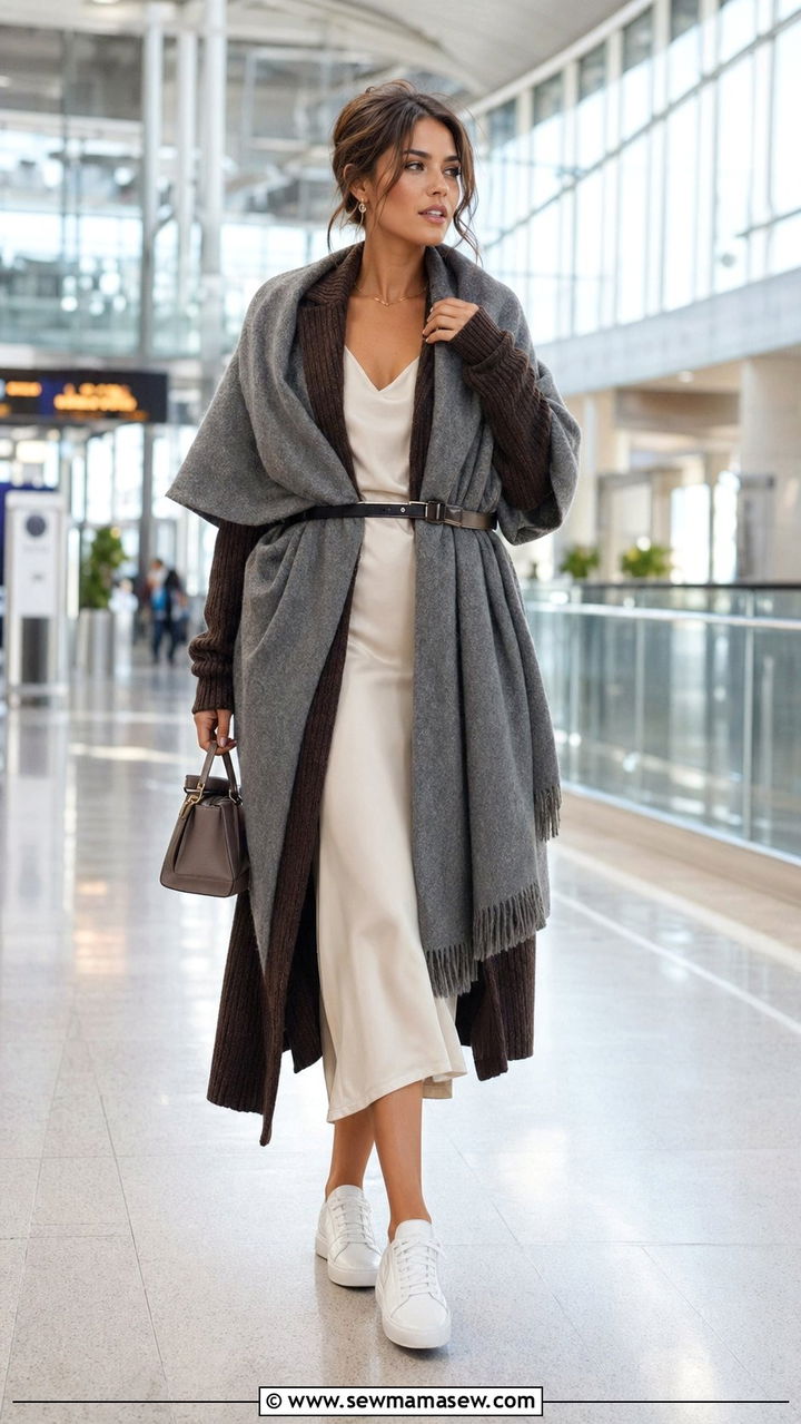 Cardigan and slip skirt with an oversized wool scarf - 30 Airport outfit ideas with a scarf