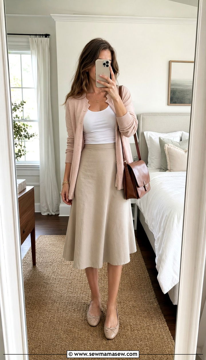 Cardigan with A line skirt and ballet flats - 30 A line skirt outfit ideas