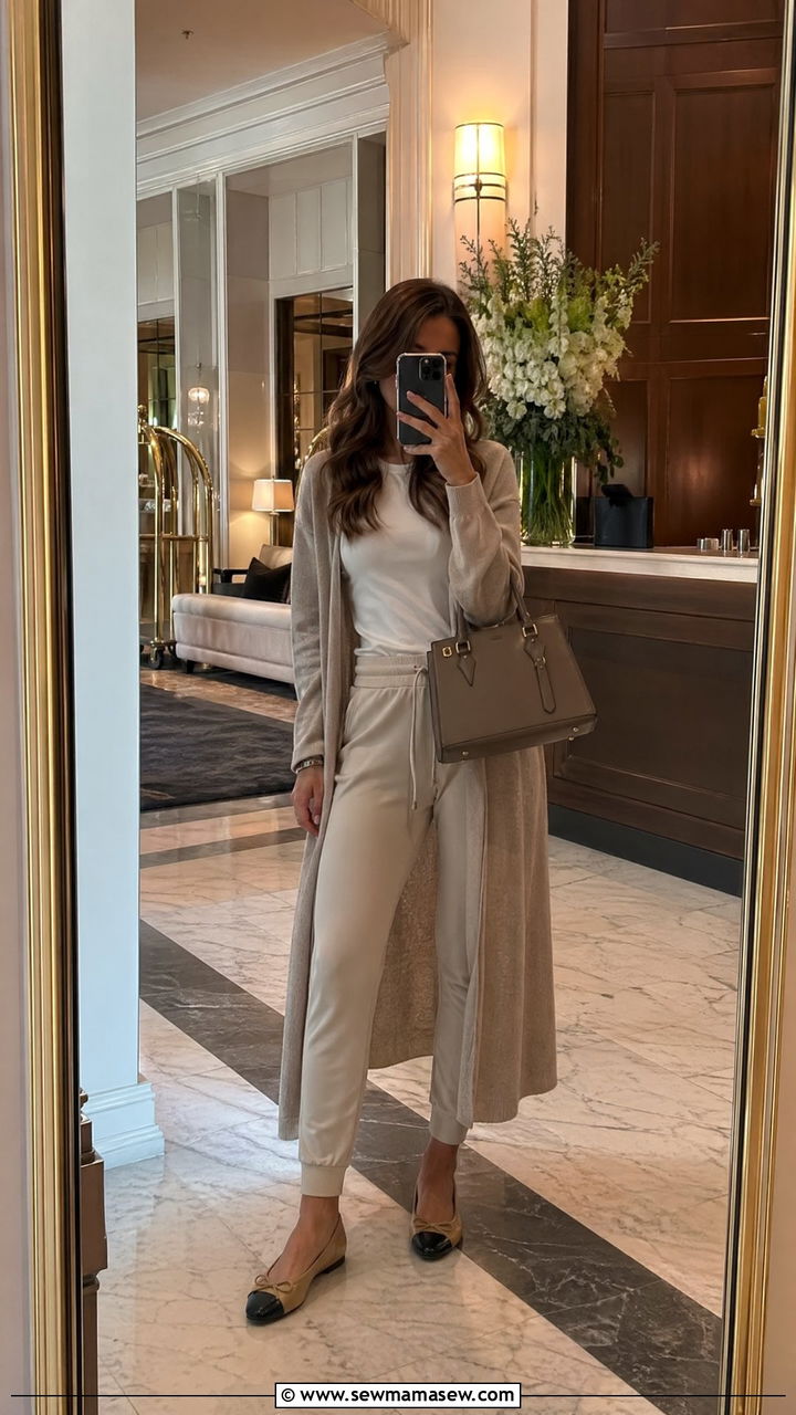 Cardigan with Joggers and Ballet Flats - 35 travel outfit ideas for women