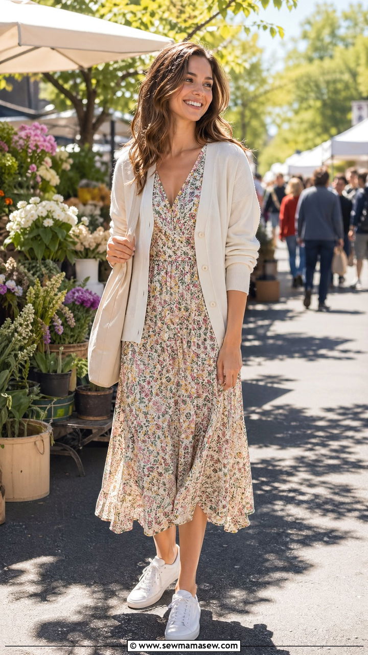 Cardigan with Midi Dress and White Sneakers - 35 transitional outfits casual