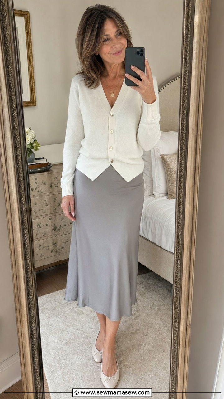 Cardigan with Midi Skirt Outfit for Women Over 40 - 30 Aesthetic outfit ideas for women over 40