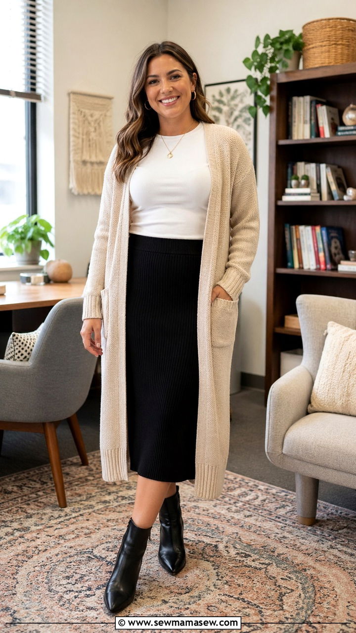 Cardigan with Midi Skirt Outfit - 30 Social worker outfit ideas