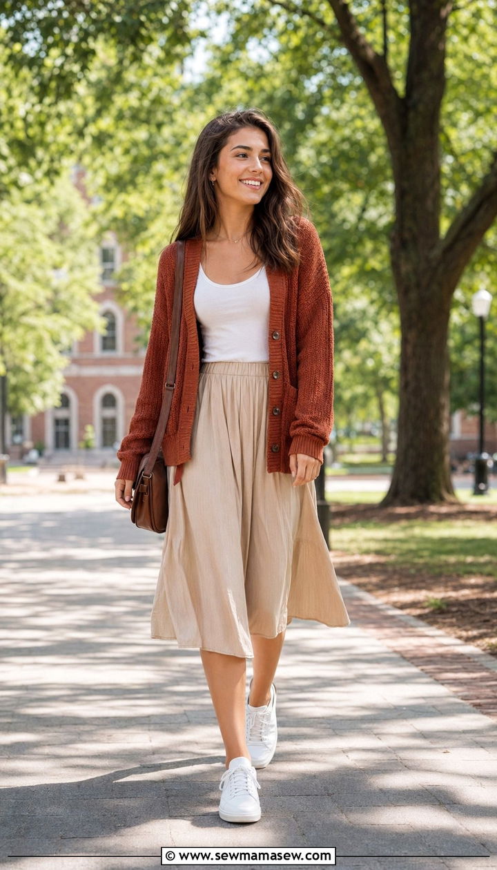 Cardigan with Midi Skirt and Sneakers - 30 Back to school outfit ideas college sophomore