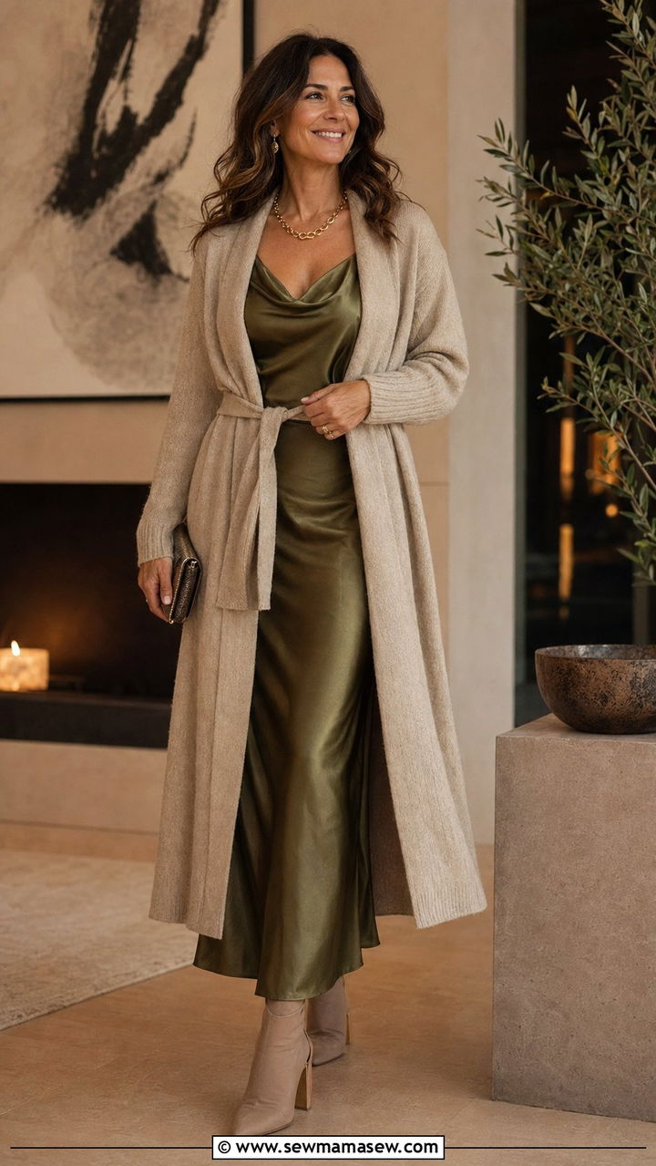 Cardigan with Slip Dress Outfit for Women Over 40 - 30 Aesthetic outfit ideas for women over 40