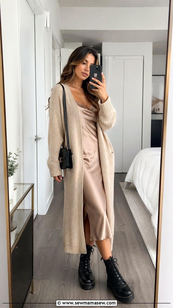 Cardigan with Slip Dress and Combat Boots - 30 spring cool weather outfit ideas