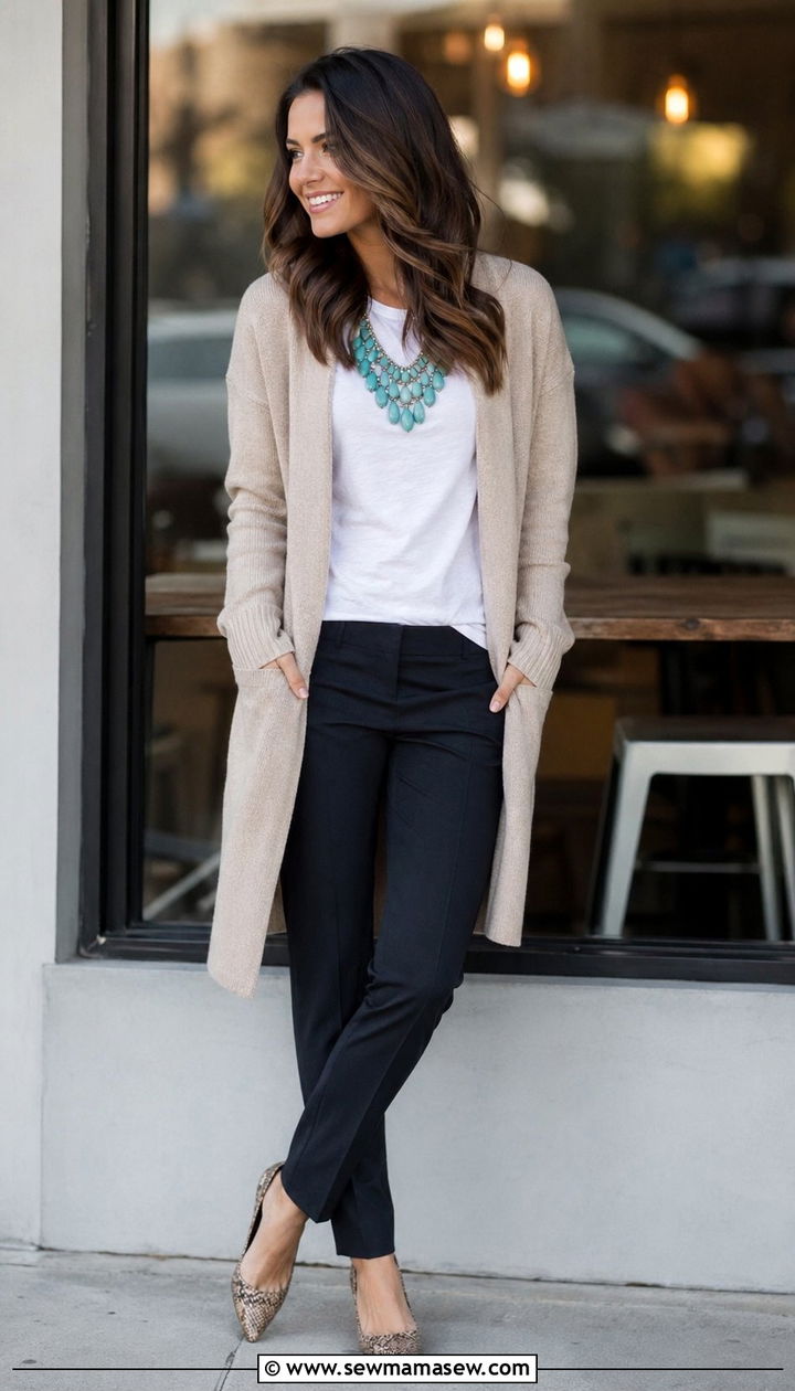 Cardigan with Statement Necklace and Dark Trousers - 35 Outfit ideas for pear shape