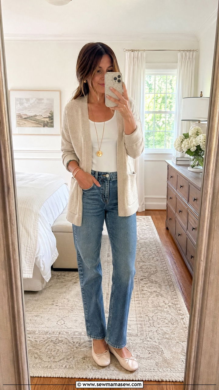 Cardigan with Straight Leg Jeans and Ballet Flats - 35 casual straight leg jeans outfits