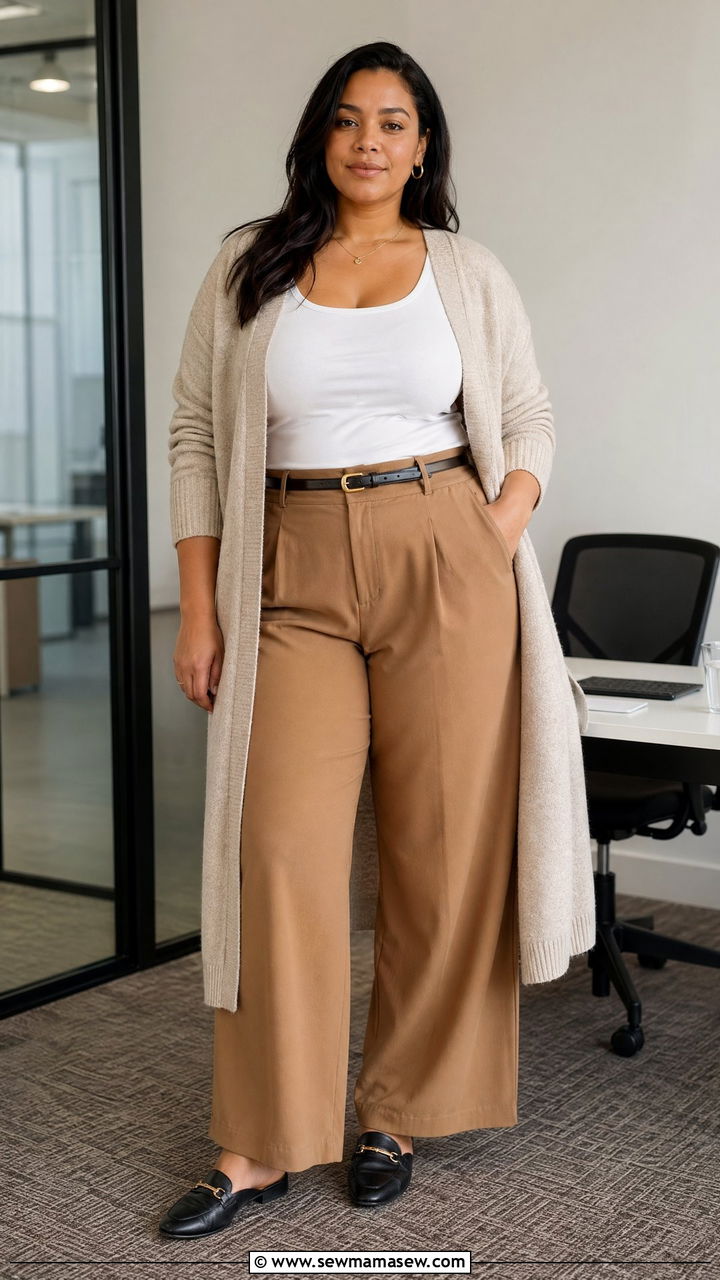 Cardigan with Tank Top and Wide Leg Trousers - 35 casual outfits for curvy women