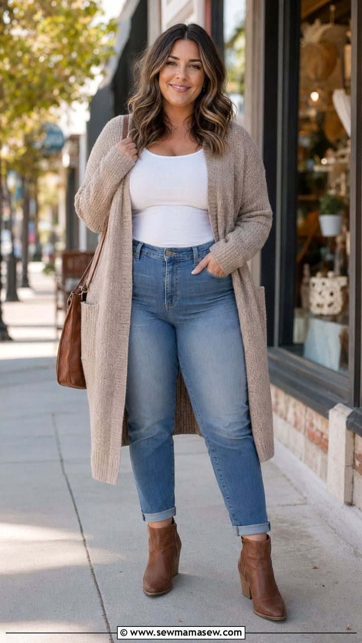 Cardigan with Tank and Mom Jeans - 35 Plus size mom outfit ideas