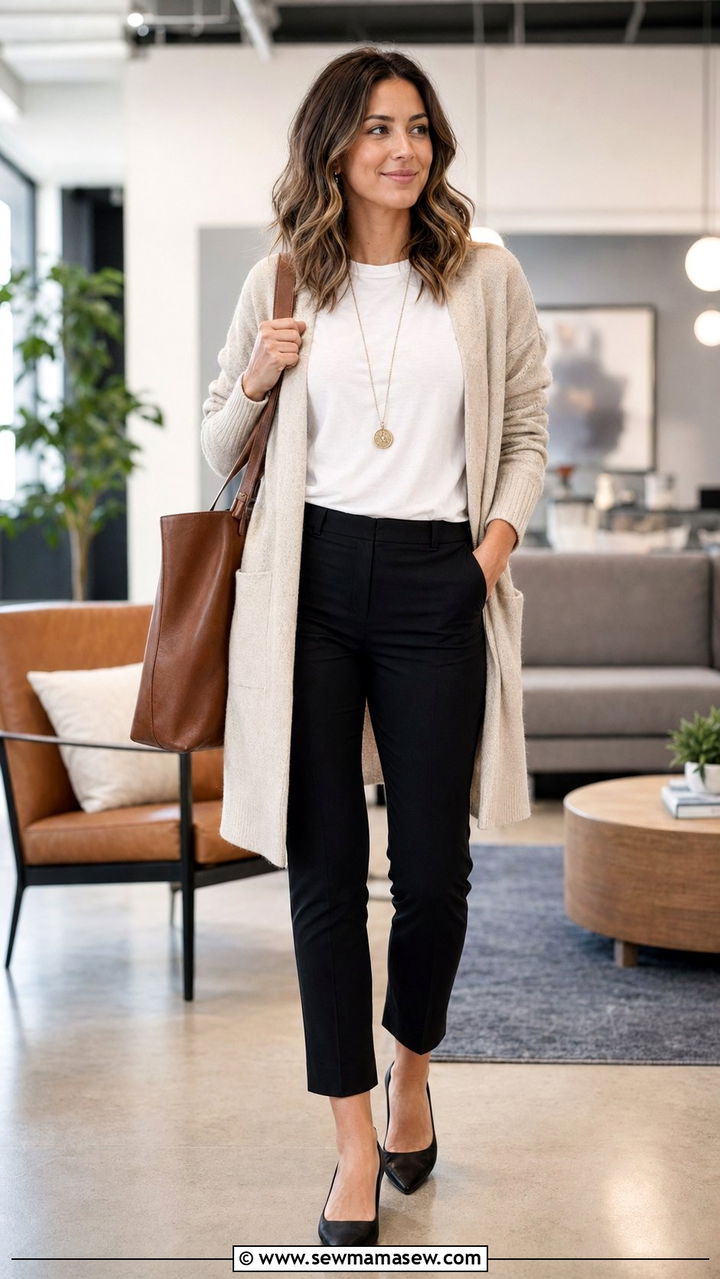 Cardigan with Trousers and a Tee - 30 Work outfit ideas for casual Friday
