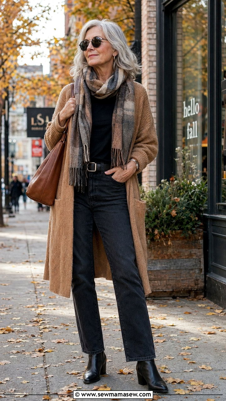 Cardigan with black denim layers - 35 Outfit ideas for women over 60