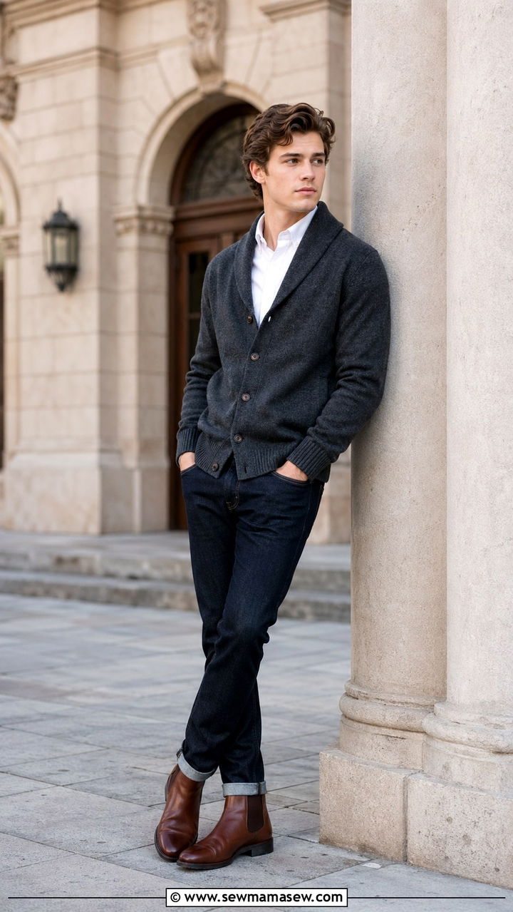 Cardigan with button down shirt senior portrait - 30 Senior portrait outfit ideas guys