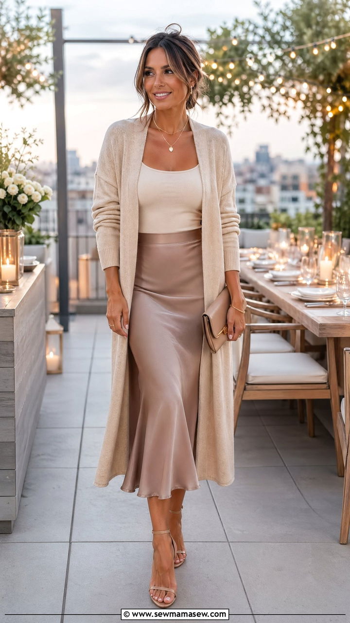 Cardigan with tank and midi satin skirt - 35 Weekend getaway outfit ideas