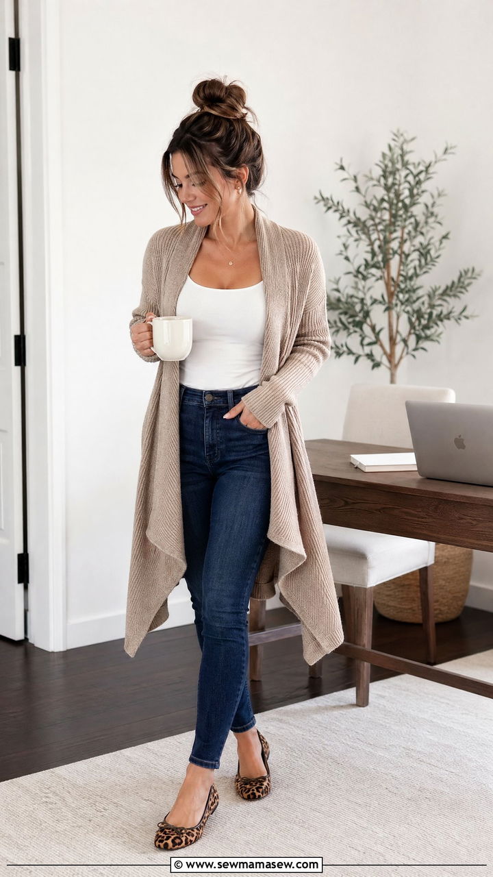 Cardigan with tank and stretchy jeans outfit - 35 Work from home outfits for moms