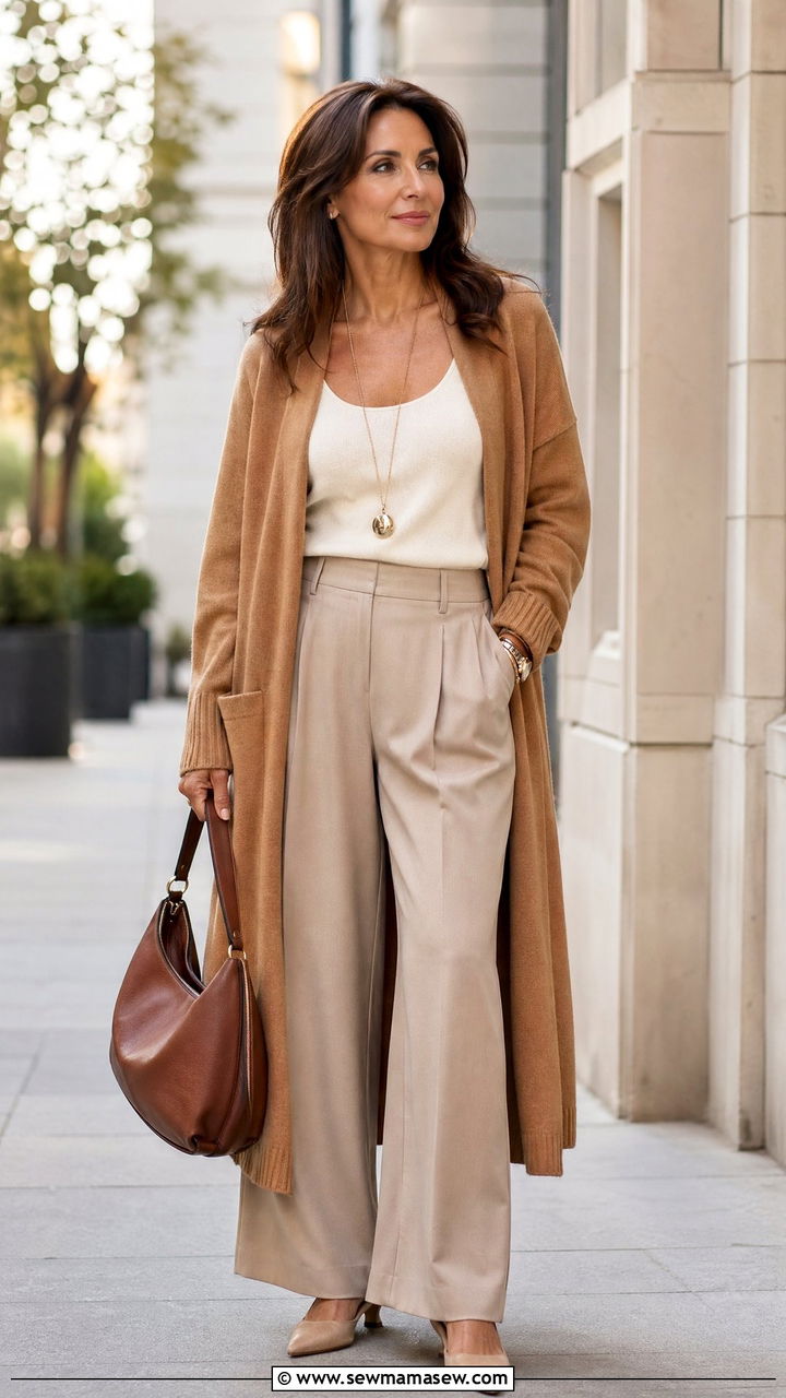 Cardigan with tank top and wide leg trousers outfit - 35 Spring capsule wardrobe for women over 40