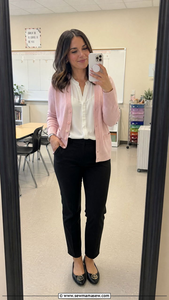 Cardigan with white blouse and black trousers teacher outfit - 35 spring outfits for teachers
