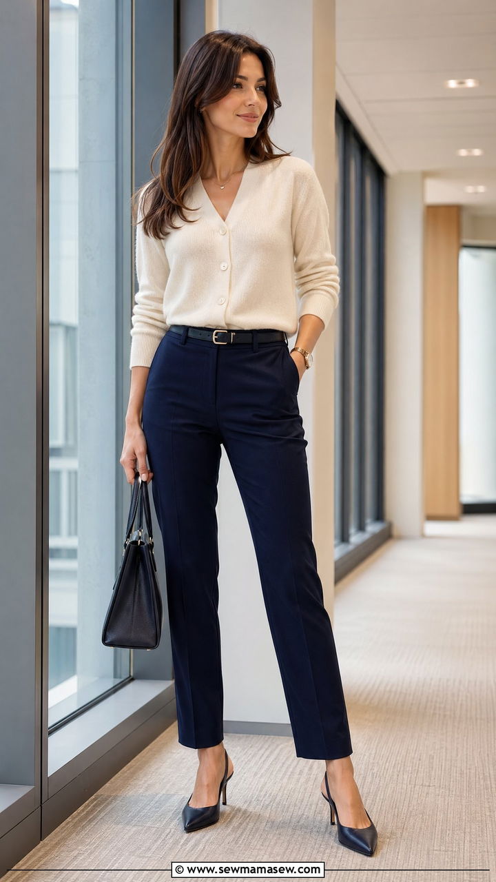 Cardigan worn as a top with tailored trousers - 35 spring effortless chic outfit ideas