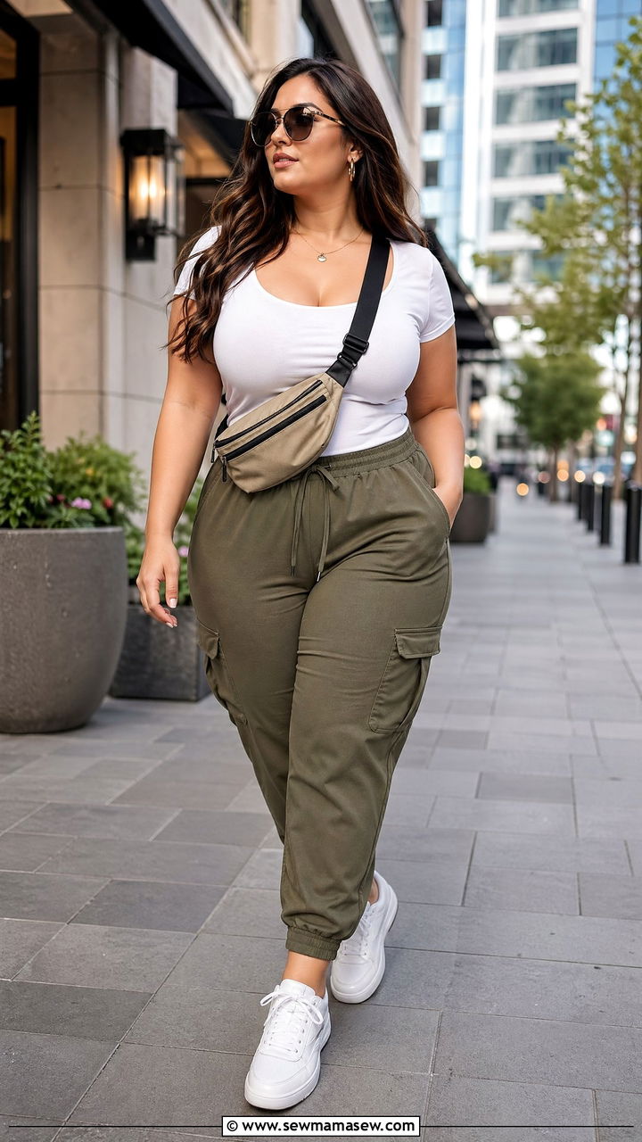 Cargo Jogger Pants with Fitted Scoop Neck Tee - 35 Travel outfits for curvy women