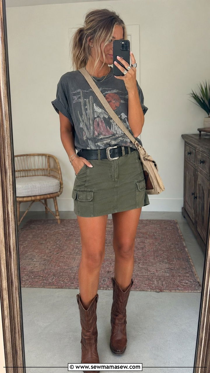 Cargo Mini Skirt With A Graphic Tee And Boots - 30 Western outfit ideas for concert