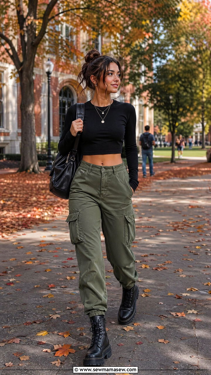 Cargo Pants With Crop Top and Chunky Boots - 35 college outfits 2026
