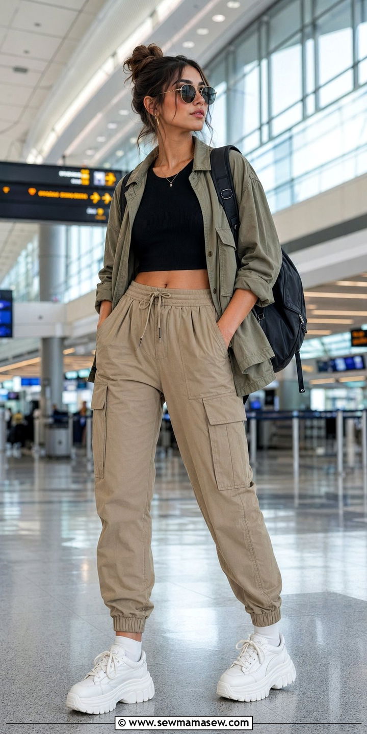 Cargo Pants With Cropped Tank And Chunky Sneakers - 30 Airport outfits for international flights