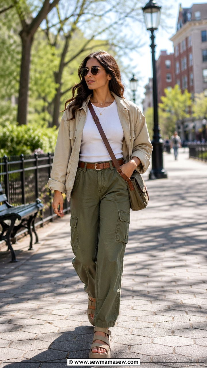 Cargo Pants With Fitted Ribbed Tee And Utility Jacket - 30 Spring closet must haves