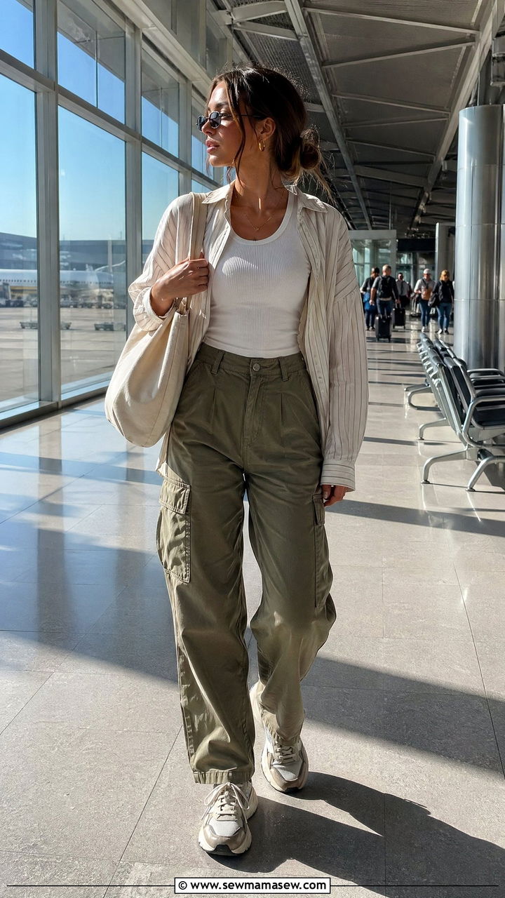 Cargo Pants With Fitted Tank Top And Chunky Trainers - 40 Airport outfits for women