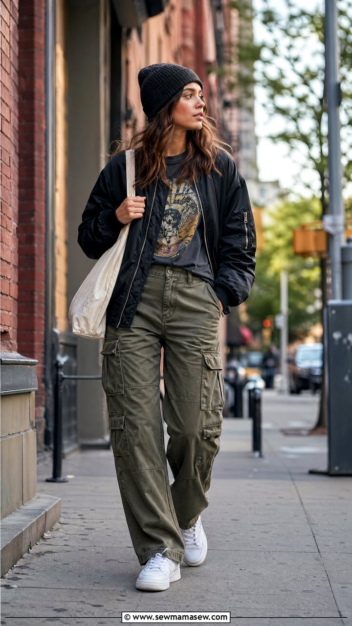 Cargo Pants With Graphic Tee And Bomber Jacket - 35 Sporty chic outfit ideas for errands