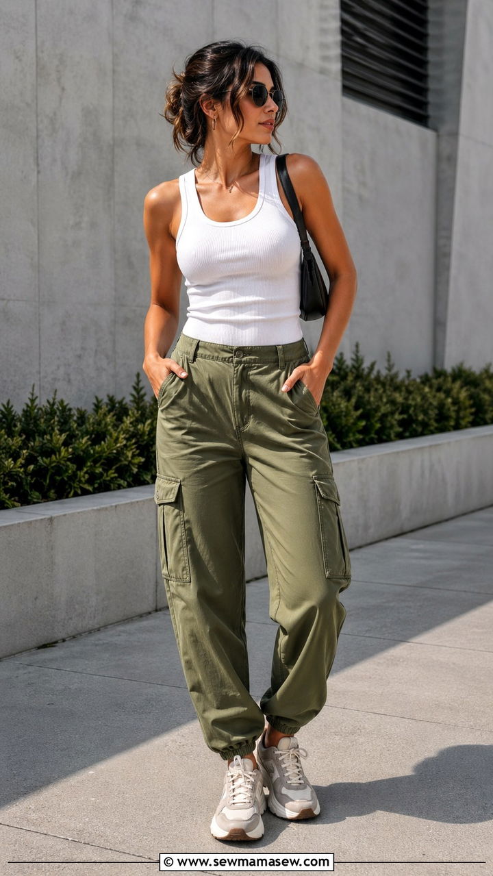 Cargo Pants With Ribbed Tank and Chunky Sneakers - 30 sneaker outfits for women