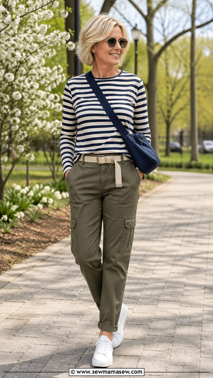 Cargo Pants With Striped Long Sleeve Tee Spring Outfit Over 50 - 30 Spring capsule wardrobe over 50