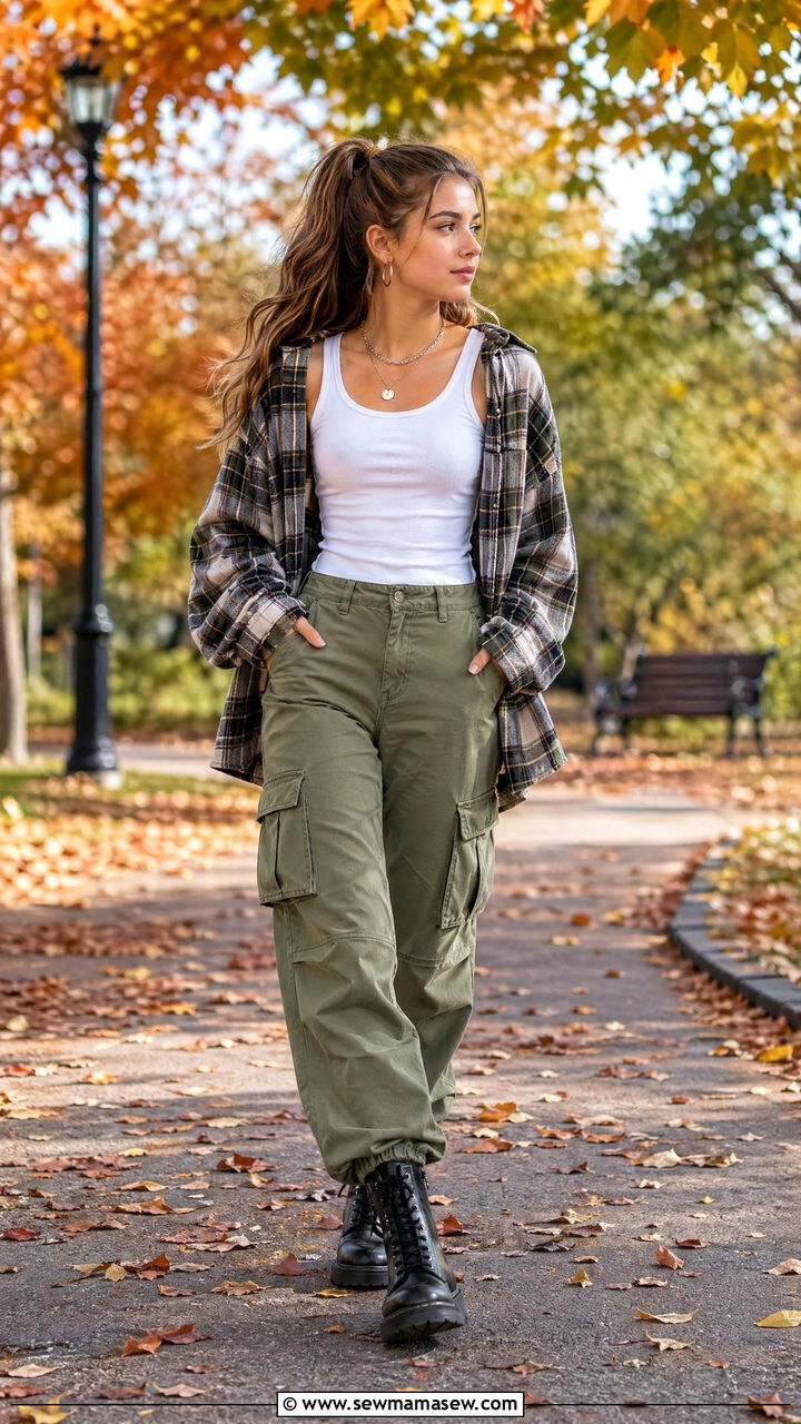 Cargo Pants With Tank Top And Oversized Flannel - 35 Trendy outfits for teens