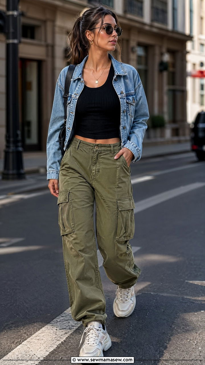 Cargo Pants With a Fitted Tank and Denim Jacket - 35 casual outfits ideas