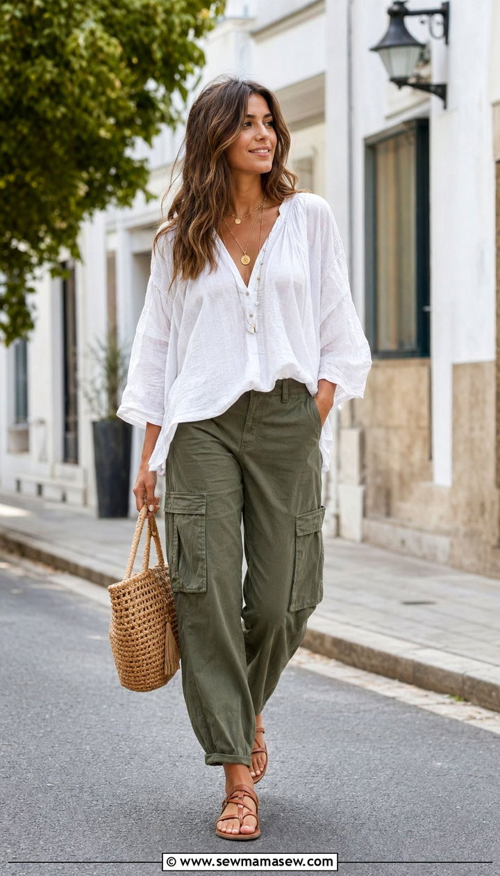 Cargo Pants with Boho Blouse and Woven Bag - 30 Aesthetic summer outfits