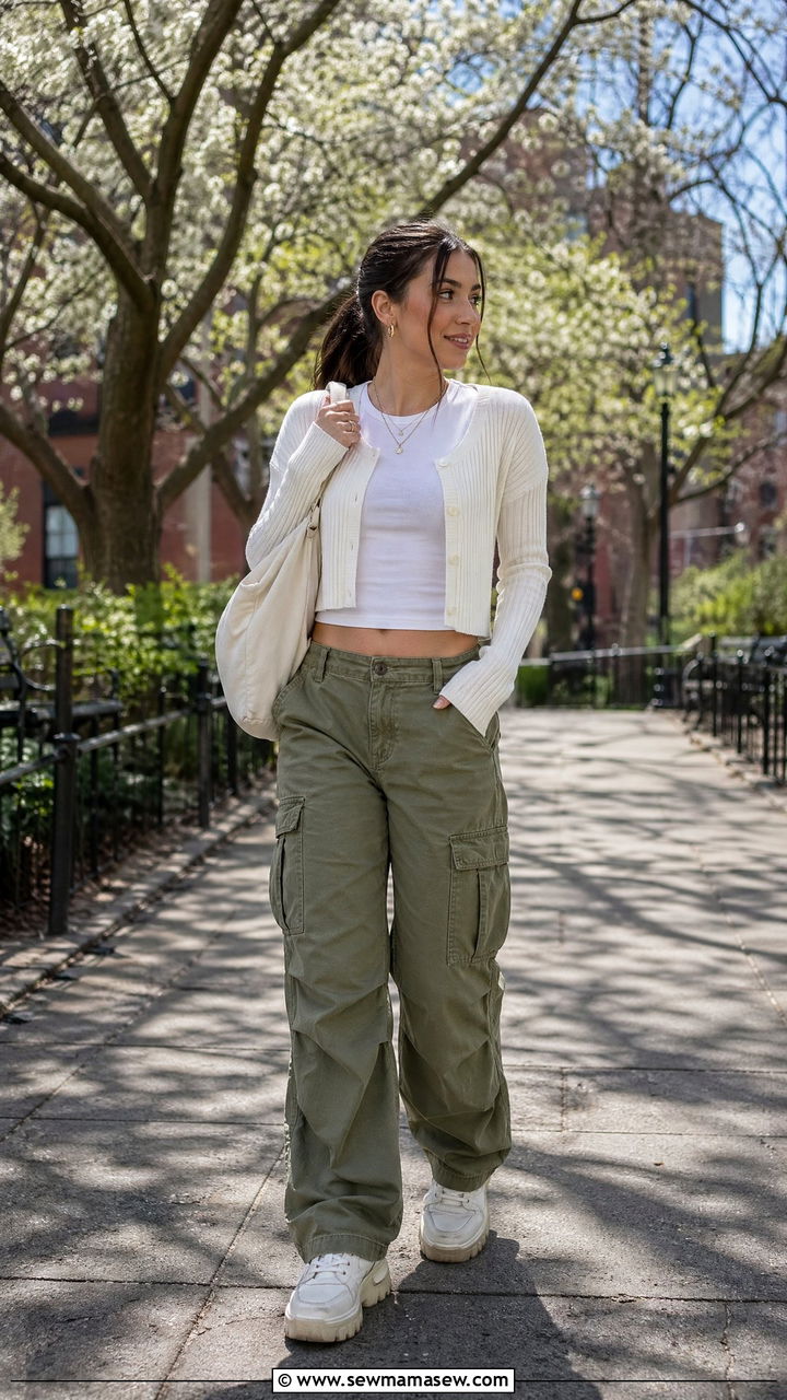 Cargo Pants with Cropped Cardigan and Platform Sneakers - 35 Cool spring outfits