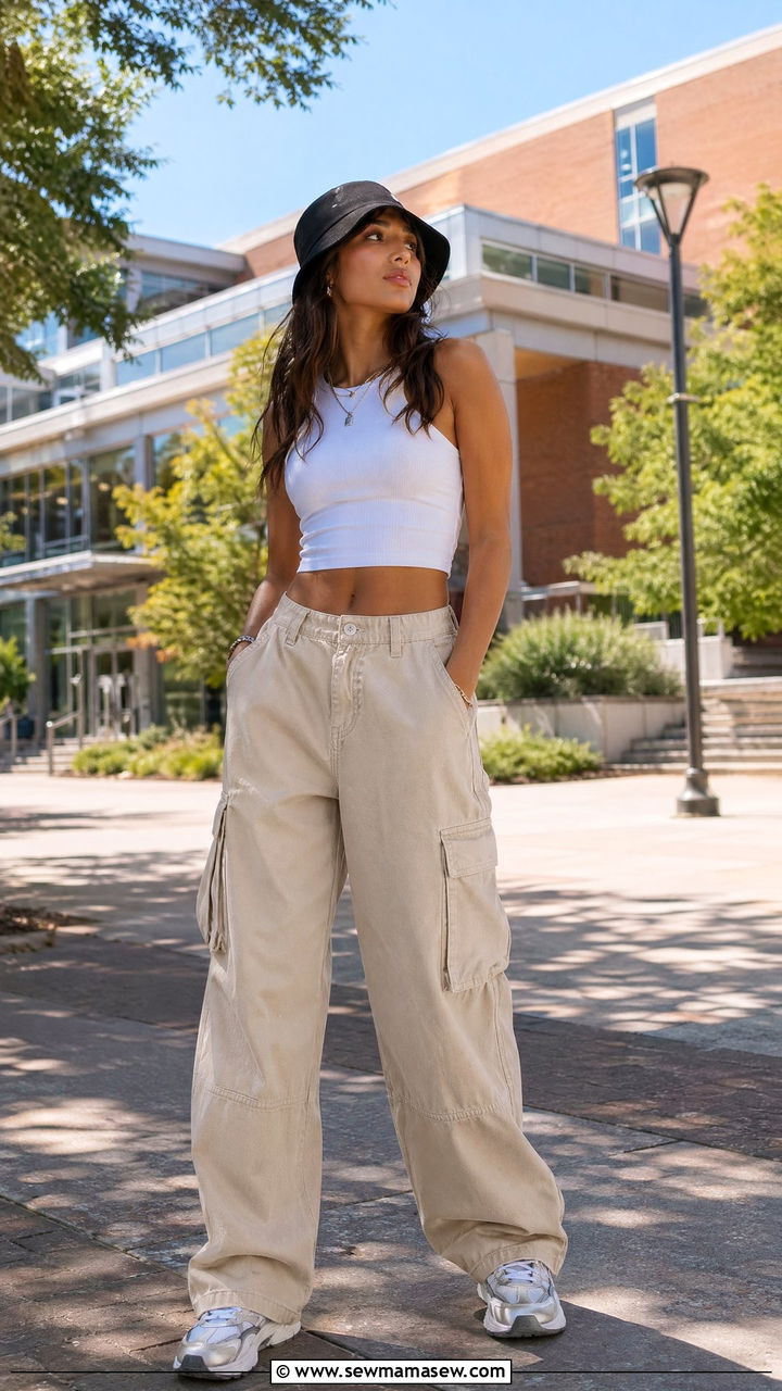 Cargo Pants with Cropped Tank and Bucket Hat - 35 college outfits ideas