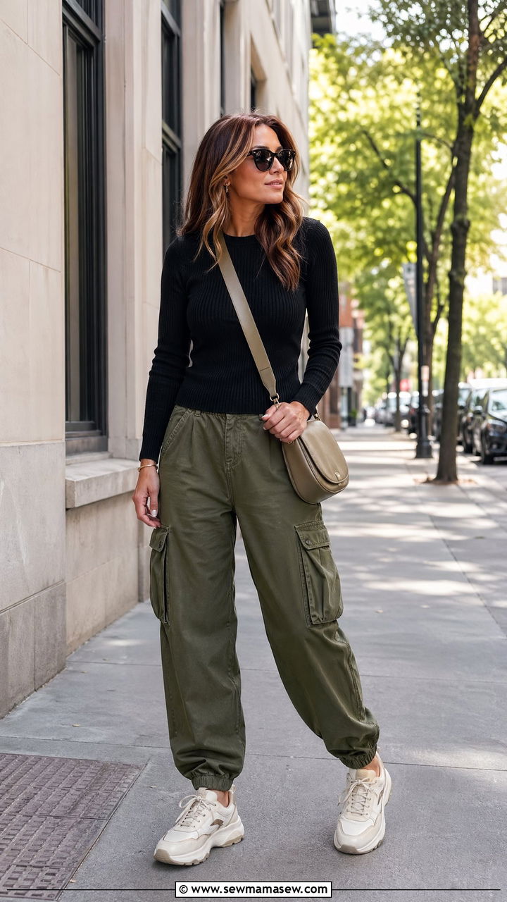 Cargo Pants with Fitted Sweater - 35 Chic mom outfit ideas
