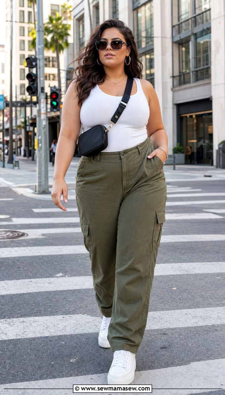 Cargo Pants with Fitted Tank Top and Platform Sneakers - 35 outfit ideas for plus size women