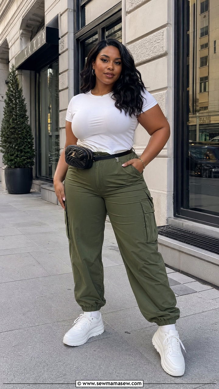 Cargo Pants with Fitted Tee and Chunky Sneakers - 35 casual outfits for curvy women